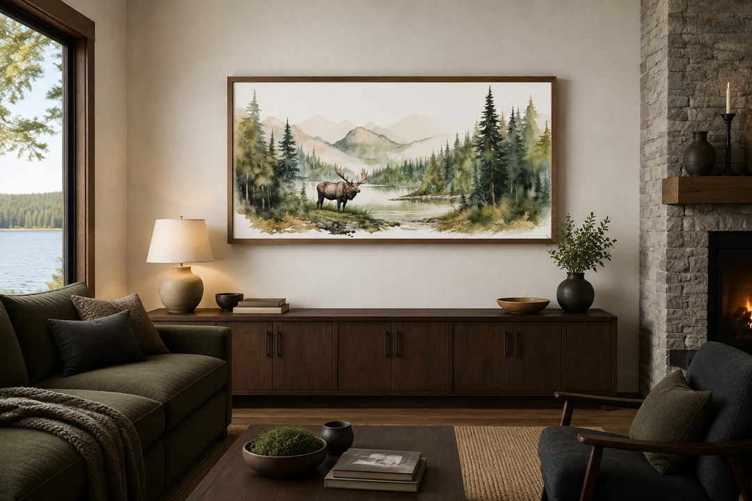 Moose in wilderness watercolor framed canvas wall art hanging above a wooden console in a cabin.