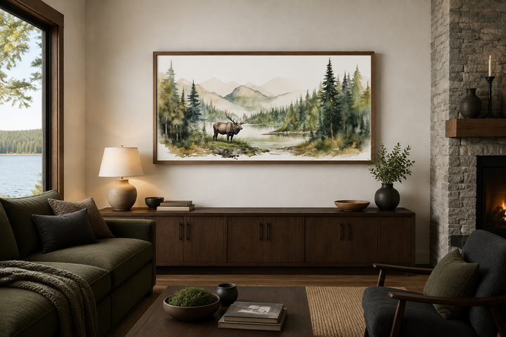 Moose in wilderness watercolor framed canvas wall art hanging above a wooden console in a cabin.
