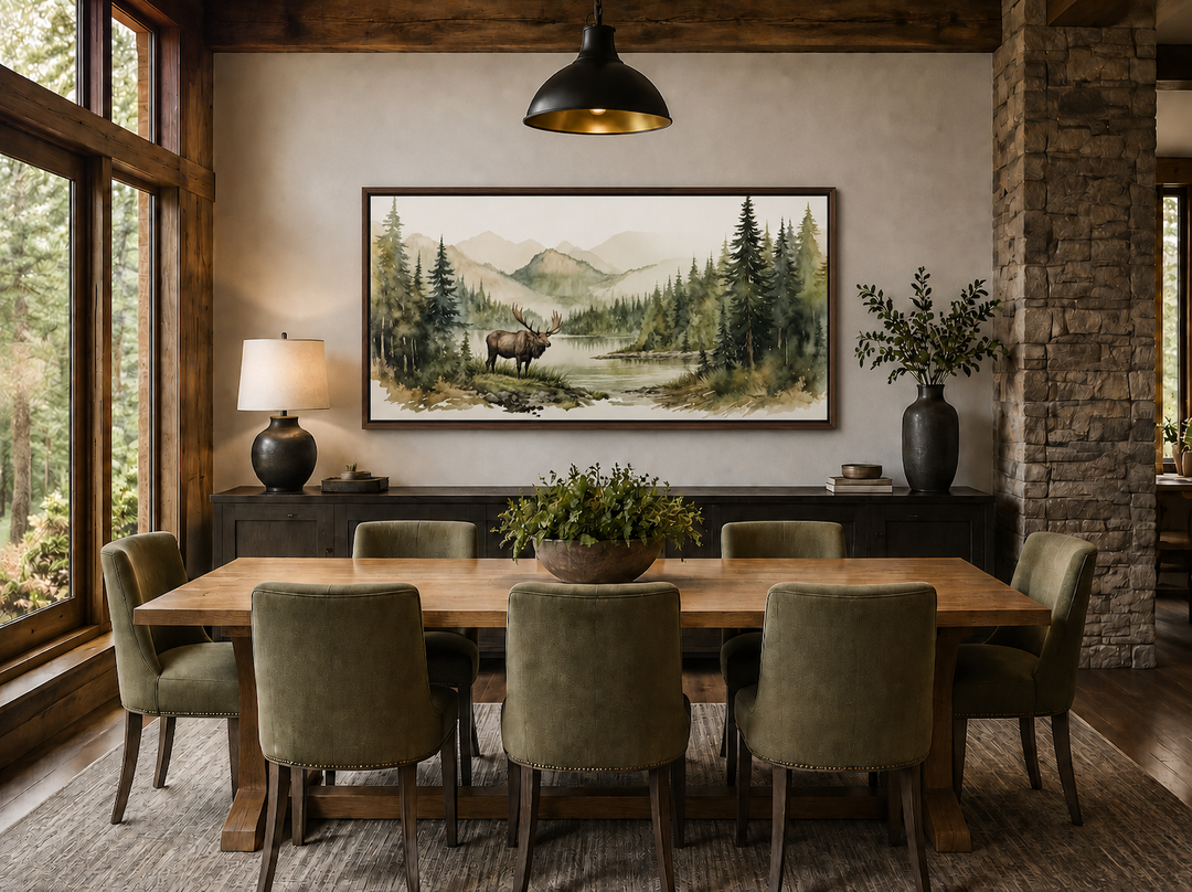 Moose in wilderness watercolor framed canvas wall art hanging above a dining table in a cabin.