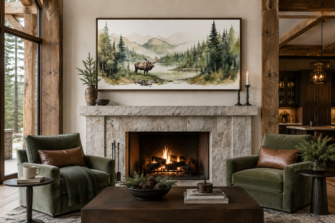 Moose in wilderness watercolor framed canvas wall art hanging above a stone fireplace in a cabin.