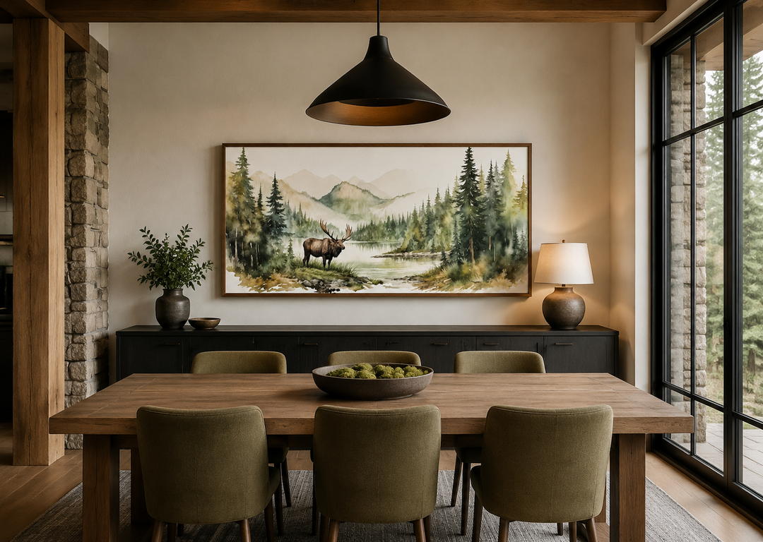 Moose in wilderness watercolor framed canvas wall art above a dining table in a rustic cabin.