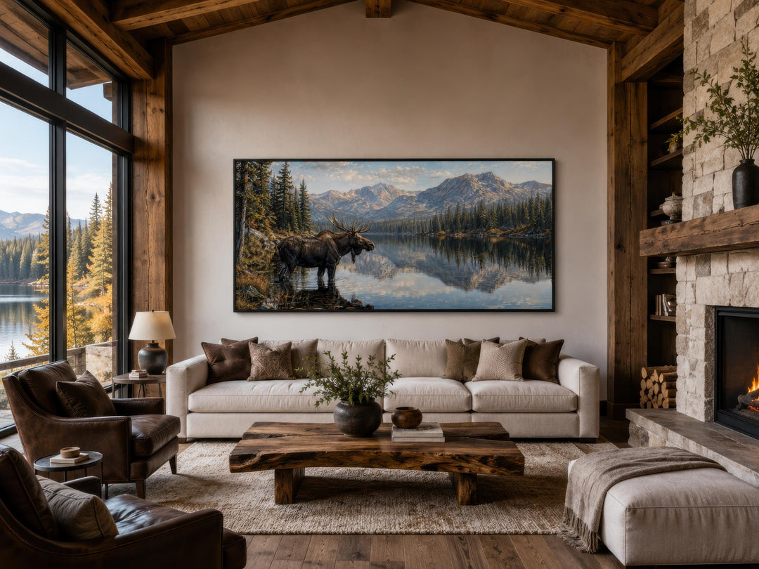 Moose Near Lake wall art canvas print hanging above a sofa in a rustic living room.