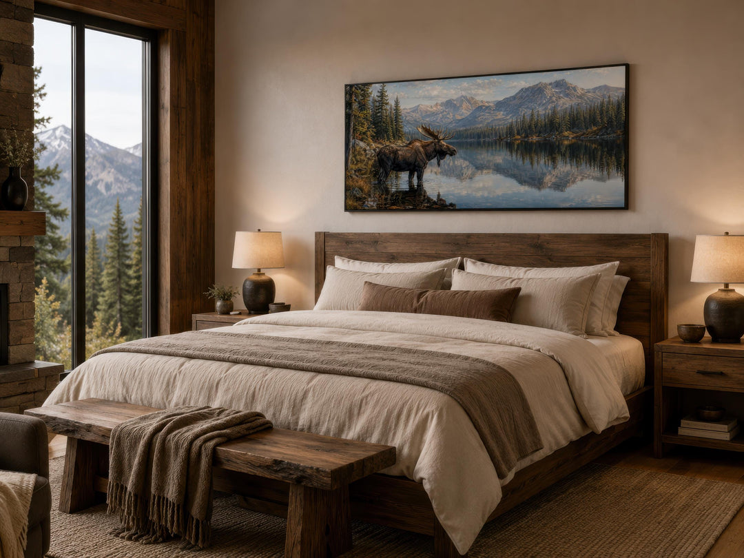 Moose Near Lake wall art canvas above a wooden bed in a rustic bedroom with mountain views.