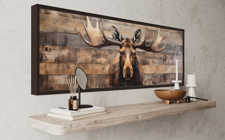 Moose Painted On Wood Rustic Horizontal Framed Canvas Wall Art