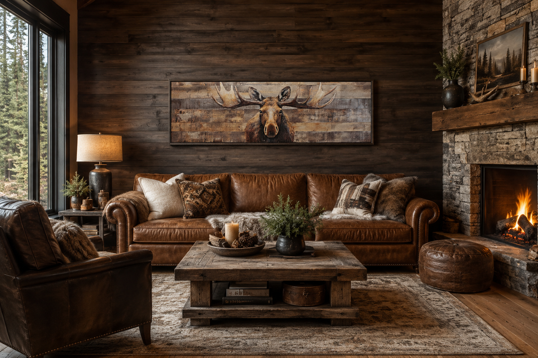 Horizontal framed canvas wall art of a moose painted on rustic wood planks above a brown sofa.