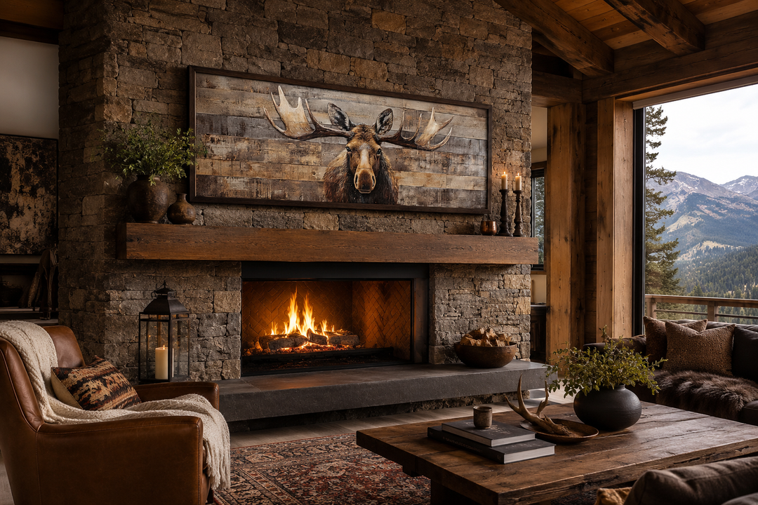 Horizontal framed canvas wall art of a moose painted on rustic wood planks above a stone fireplace.