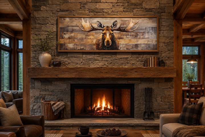 Rustic horizontal framed canvas wall art featuring a moose painted on a wood-textured background.