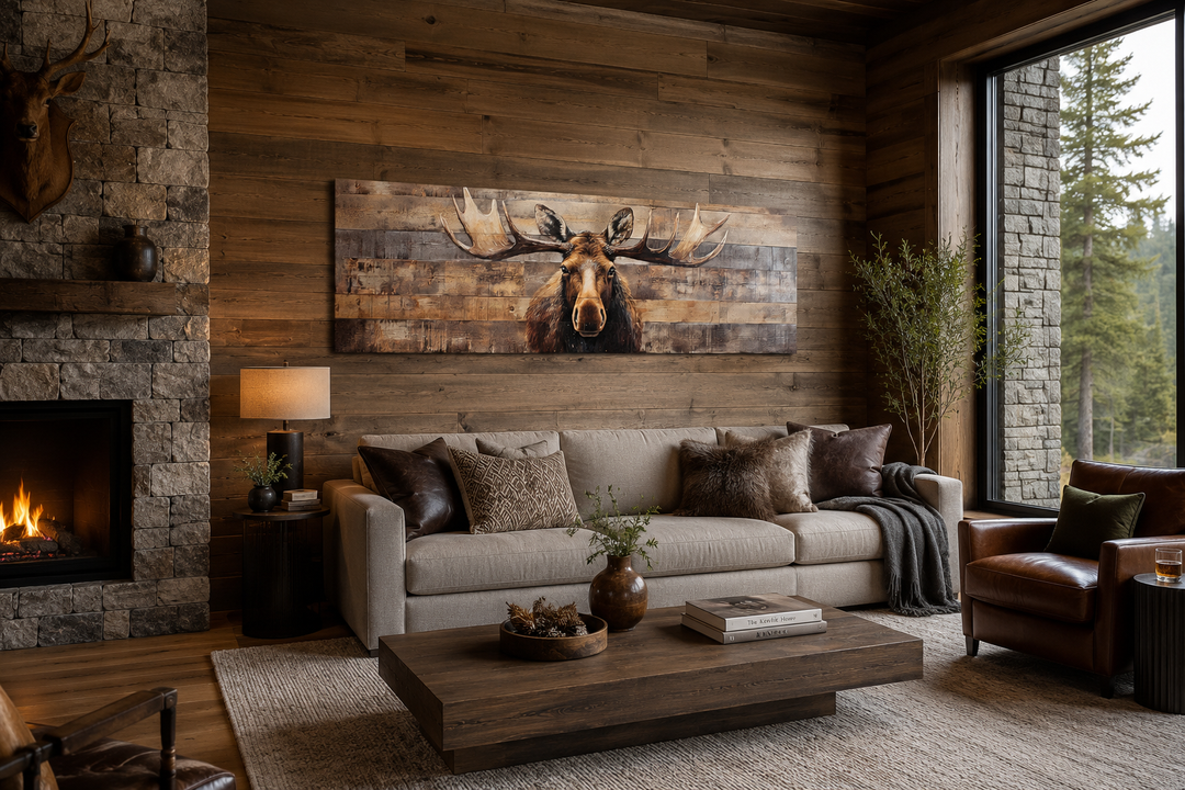 Moose painted on wood rustic horizontal framed canvas wall art hanging above a sofa in a cabin.