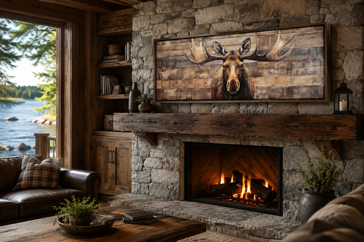 Rustic horizontal framed canvas wall art of a moose painted on wood, hung above a stone fireplace.