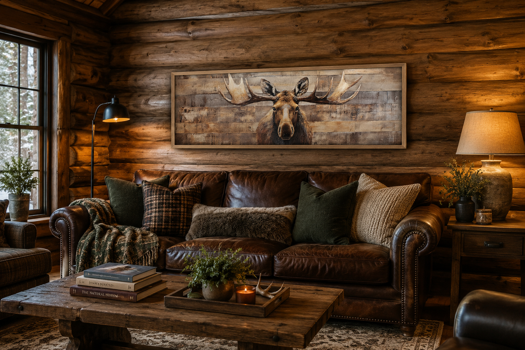 Rustic horizontal framed canvas wall art of a moose painted on wood planks above a leather sofa.