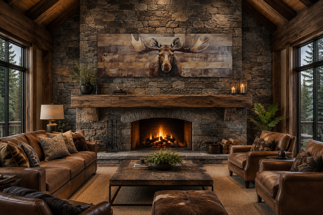 Rustic horizontal framed canvas wall art of a moose painted on wood above a stone fireplace.