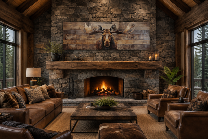 Rustic horizontal framed canvas wall art of a moose painted on wood above a stone fireplace.