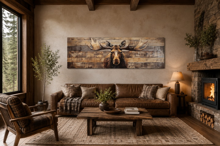 Moose painted on wood rustic horizontal framed canvas wall art in a cozy cabin living room.