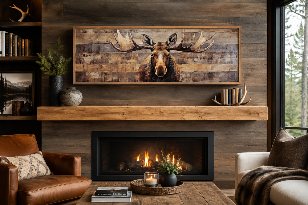 Rustic horizontal framed canvas wall art of a moose painted on wood planks above a fireplace.