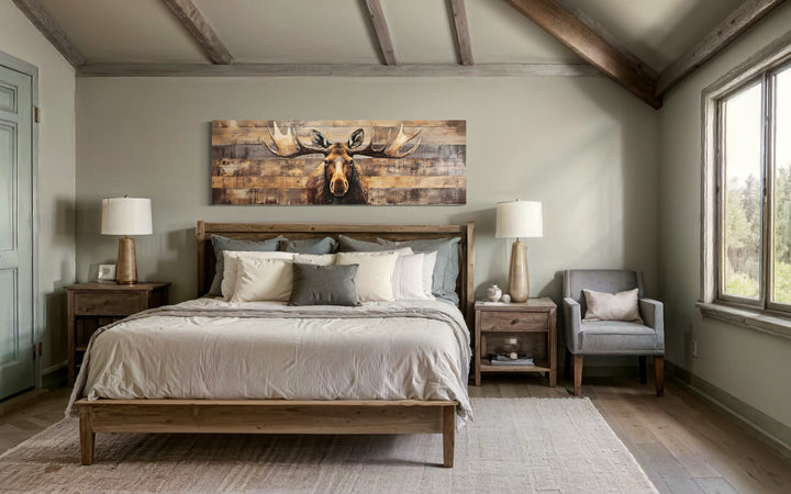 Moose painted on wood rustic horizontal framed canvas wall art hanging above a bed in a cabin.