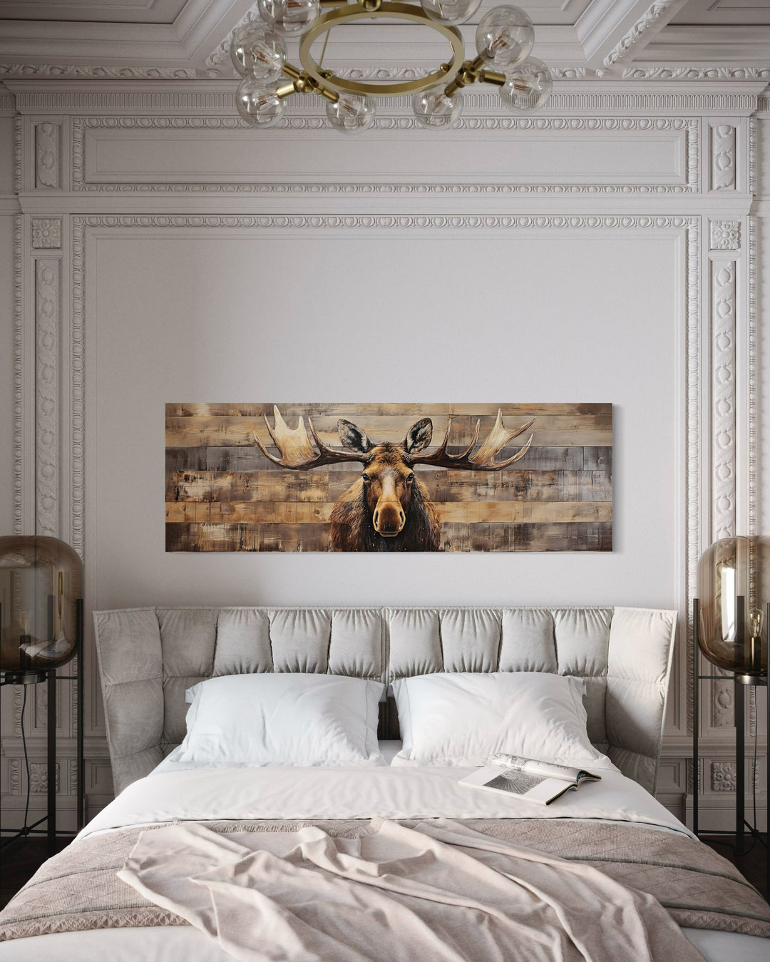Rustic moose painting on wood-textured horizontal canvas above a bed in a neutral-toned room.