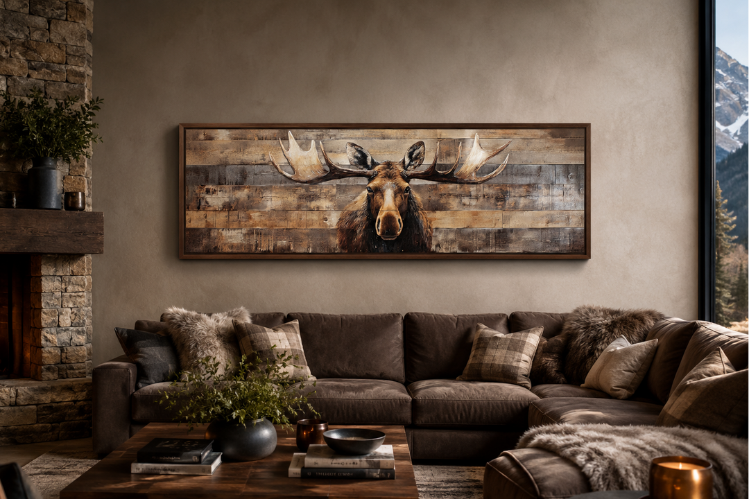 Moose painted on wood rustic horizontal framed canvas wall art hanging above a brown leather sofa.