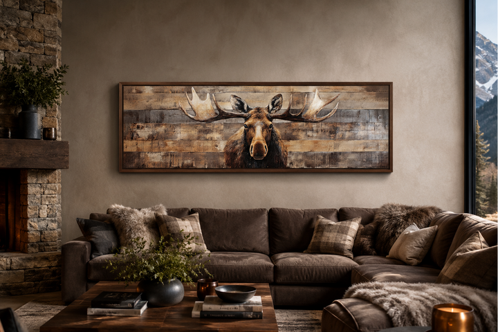 Moose painted on wood rustic horizontal framed canvas wall art hanging above a brown leather sofa.