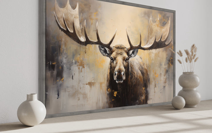 Moose Painting Neutral Beige Cabin Decor Framed Canvas Wall Art