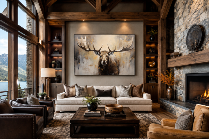 Framed moose canvas wall art in a neutral beige palette above a sofa in a rustic cabin living room.