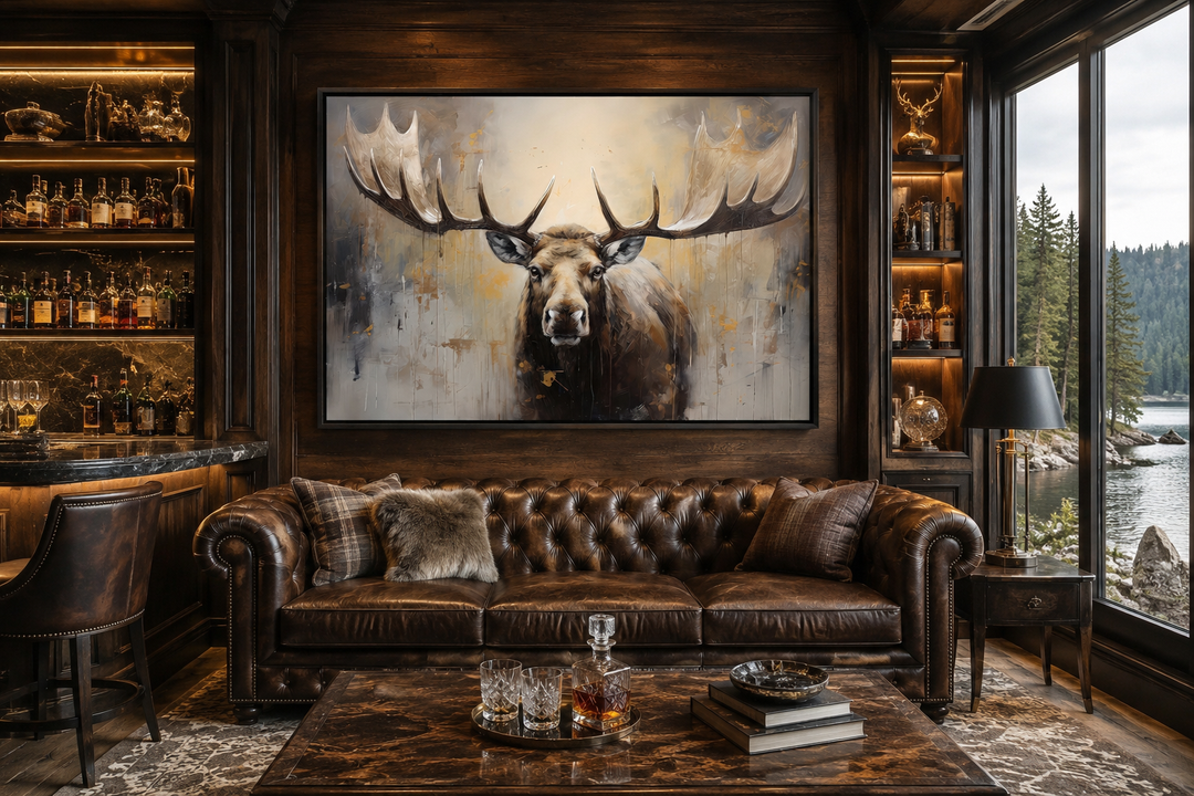 Framed moose canvas wall art in neutral beige tones hanging above a brown leather chesterfield sofa.