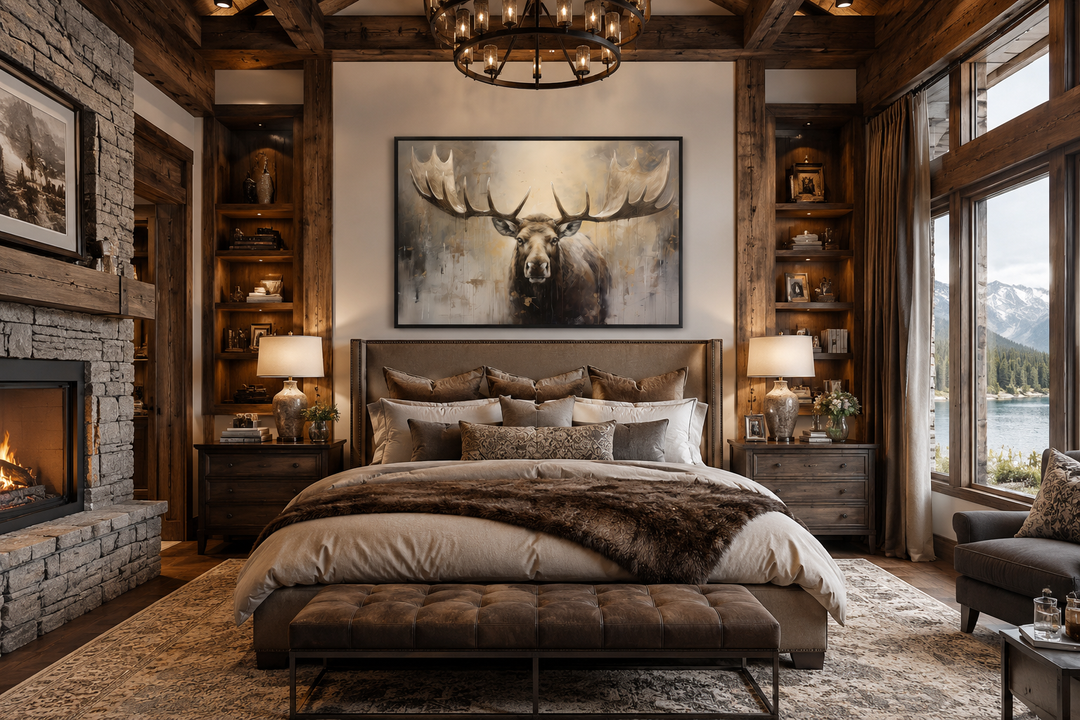 Framed moose canvas wall art in neutral beige tones hanging above a bed in a rustic cabin bedroom.