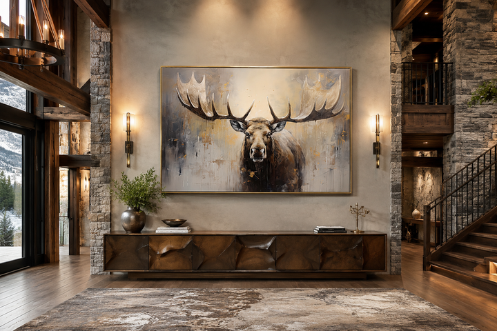 Framed canvas wall art of a majestic moose in neutral beige tones above a wooden sideboard.