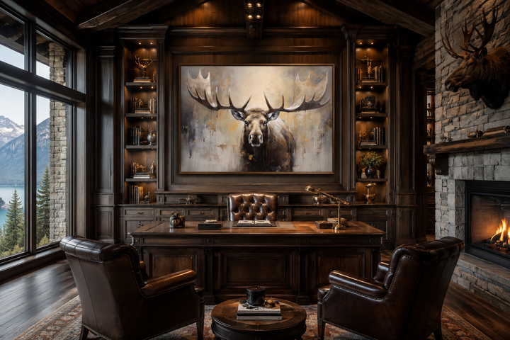 Framed moose canvas wall art in neutral beige tones hanging in a rustic cabin office.