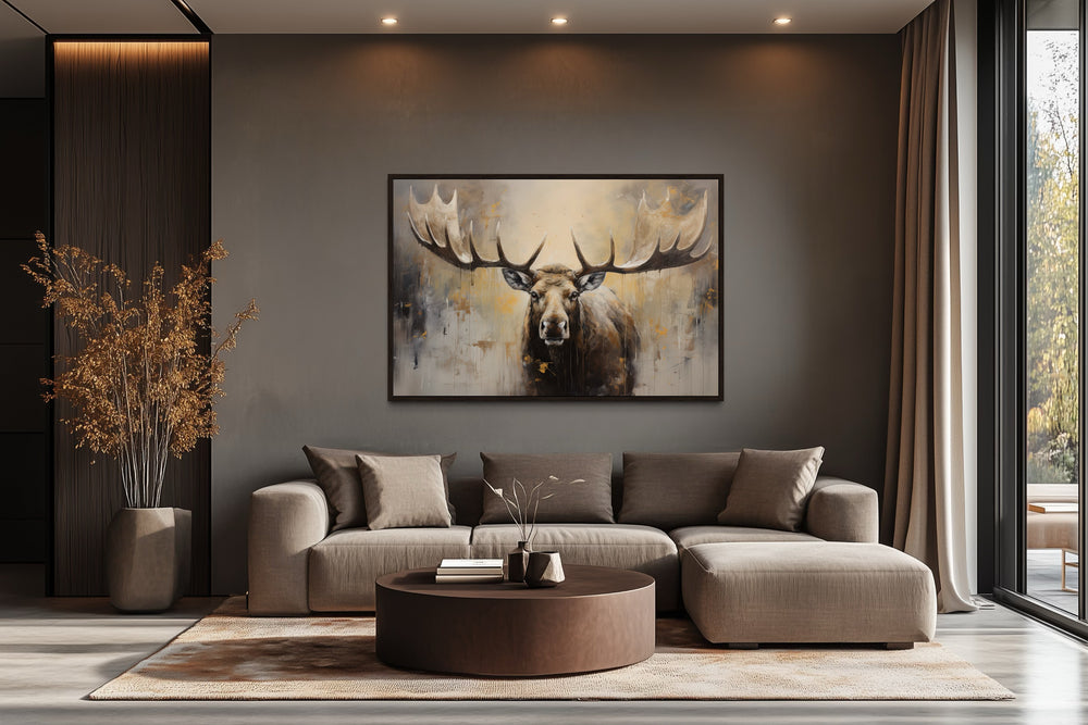 Moose Painting Neutral Beige Cabin Decor Framed Canvas Wall Art