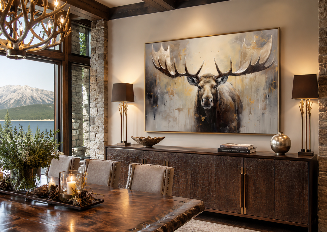 Framed canvas wall art of a moose in neutral beige tones hanging above a dark wood sideboard.
