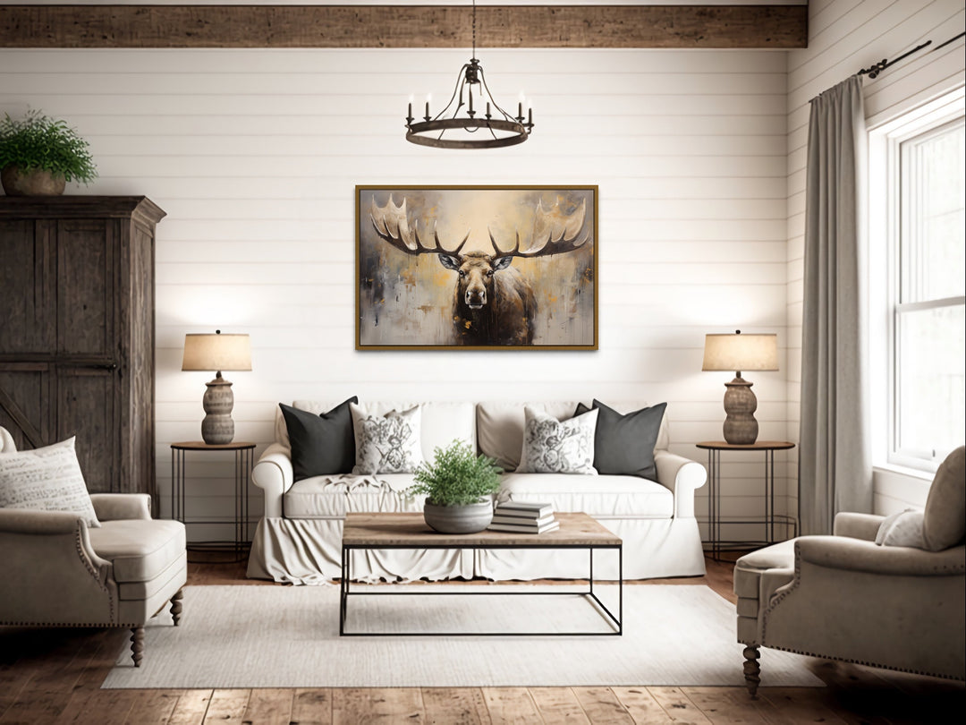 Moose Painting Neutral Beige Cabin Decor Framed Canvas Wall Art