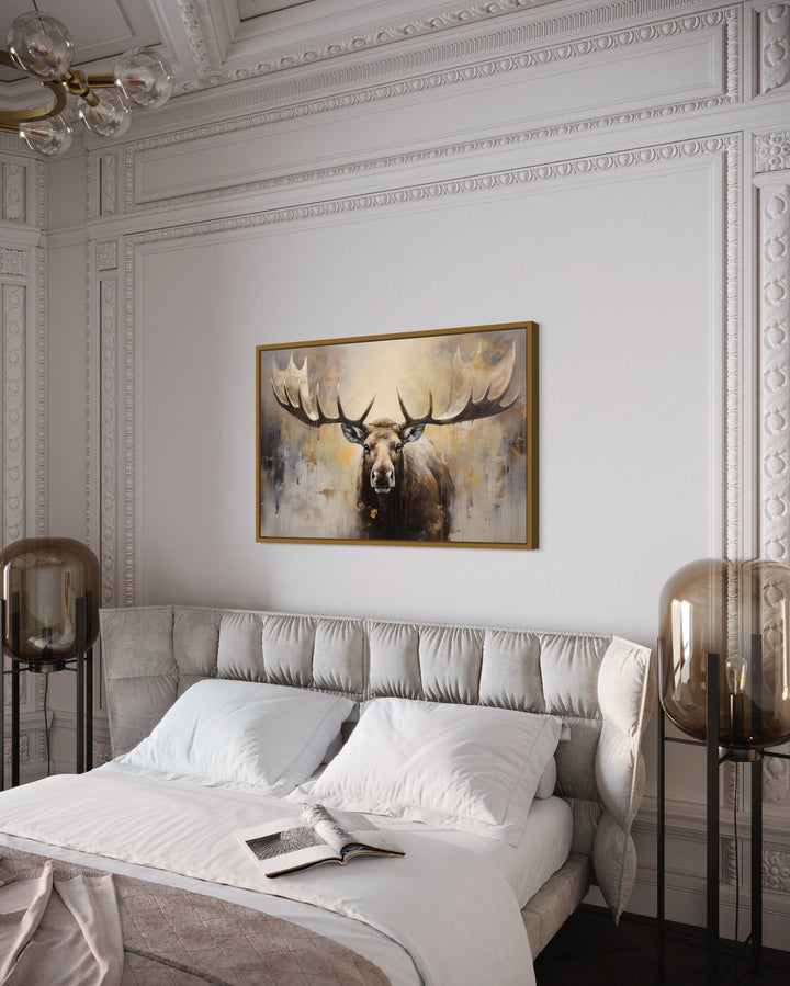 Moose Painting Neutral Beige Cabin Decor Framed Canvas Wall Art