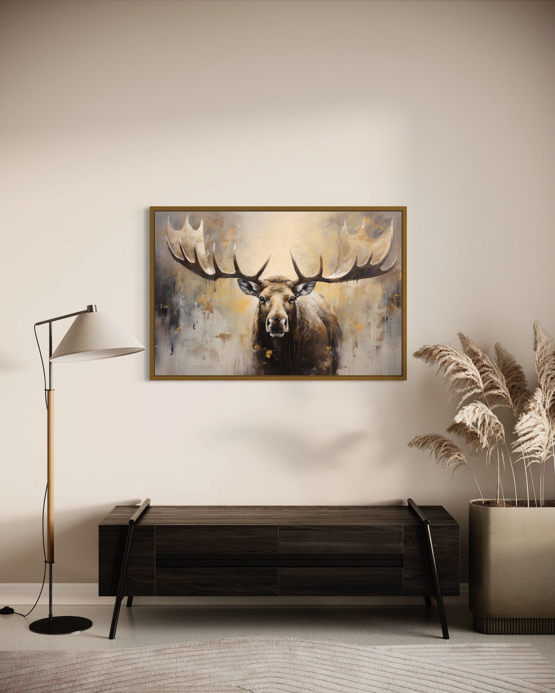 Moose Painting Neutral Beige Cabin Decor Framed Canvas Wall Art