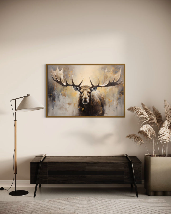 Moose Painting Neutral Beige Cabin Decor Framed Canvas Wall Art