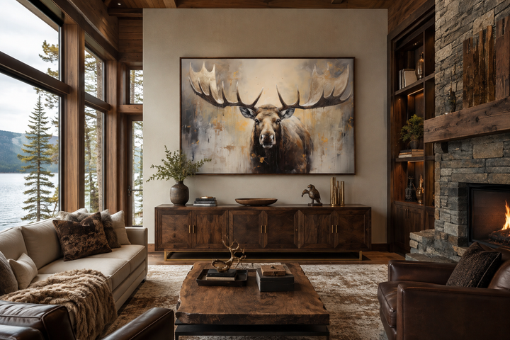 Framed canvas wall art of a majestic moose in neutral beige tones hanging above a wooden sideboard.