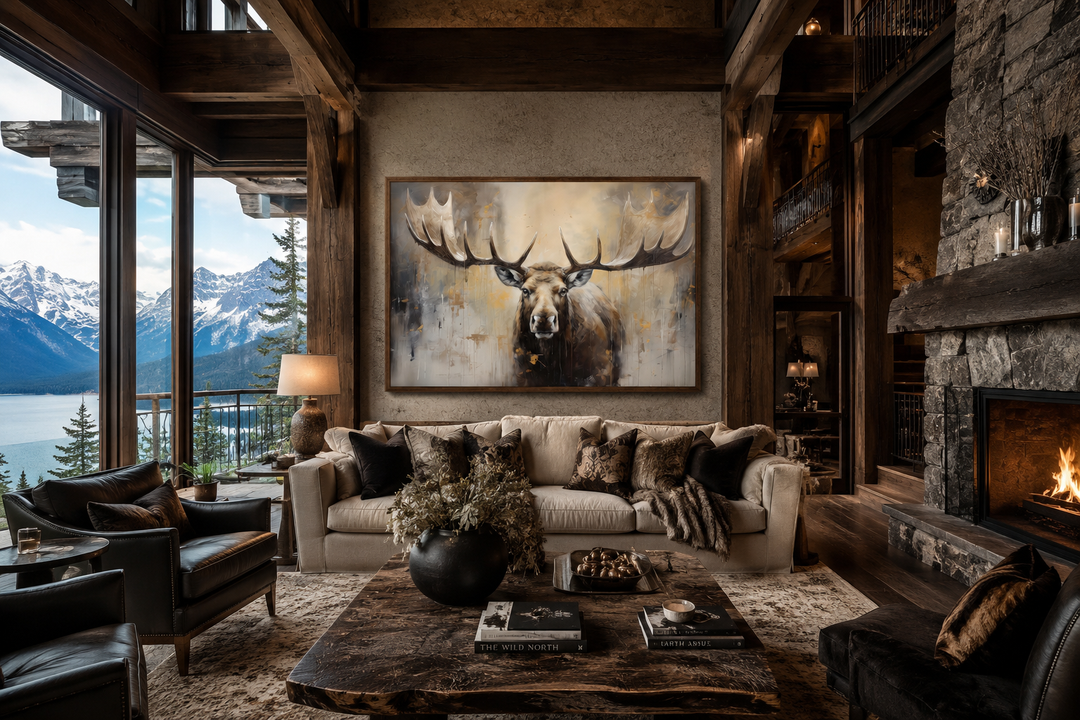 Framed canvas wall art of a majestic moose in neutral beige tones hanging in a rustic cabin lounge.