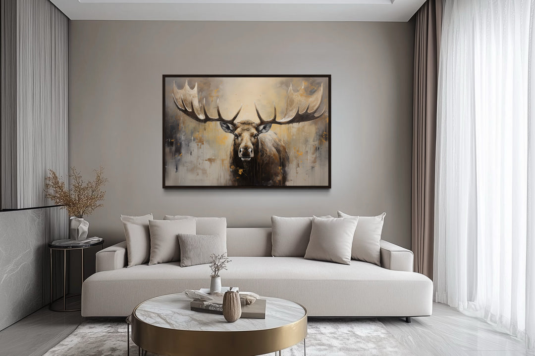 Moose Painting Neutral Beige Cabin Decor Framed Canvas Wall Art