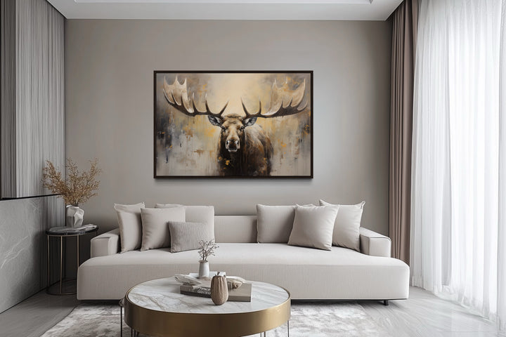 Moose Painting Neutral Beige Cabin Decor Framed Canvas Wall Art