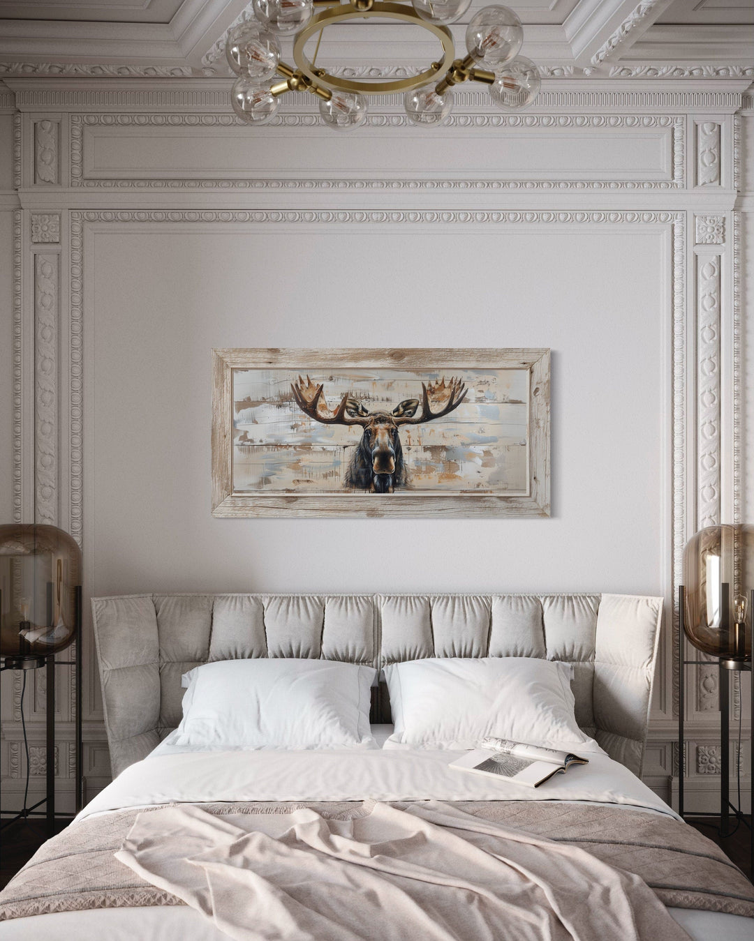 rustic moose painting above bed