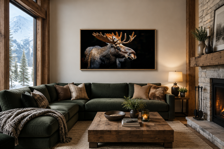 Extra large framed moose canvas wall art above a green sectional sofa in a rustic cabin living room.