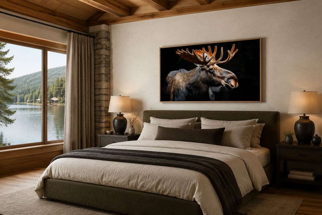 Extra large framed moose canvas wall art above a bed in a rustic cabin bedroom with lake views.