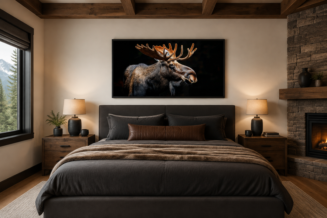 Extra large framed moose photography wall art on a black background in a rustic cabin bedroom.