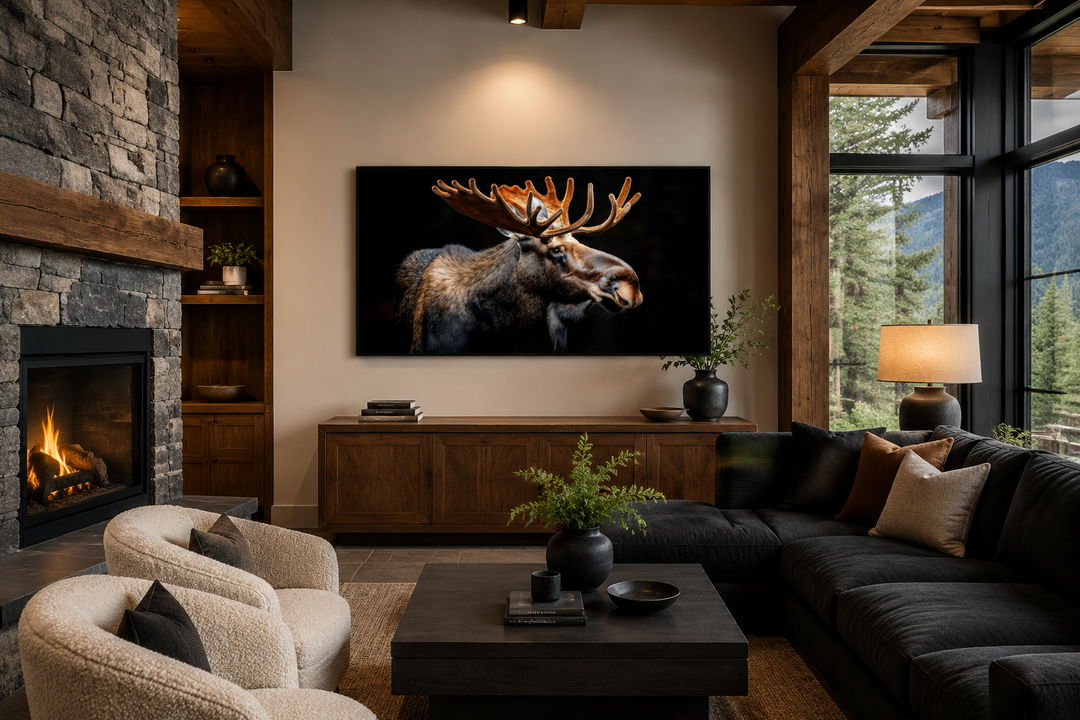 Extra large framed moose canvas wall art on a living room wall above a wooden sideboard.