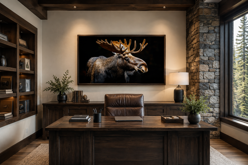 Extra large framed moose photography wall art on a neutral wall in a rustic home office.