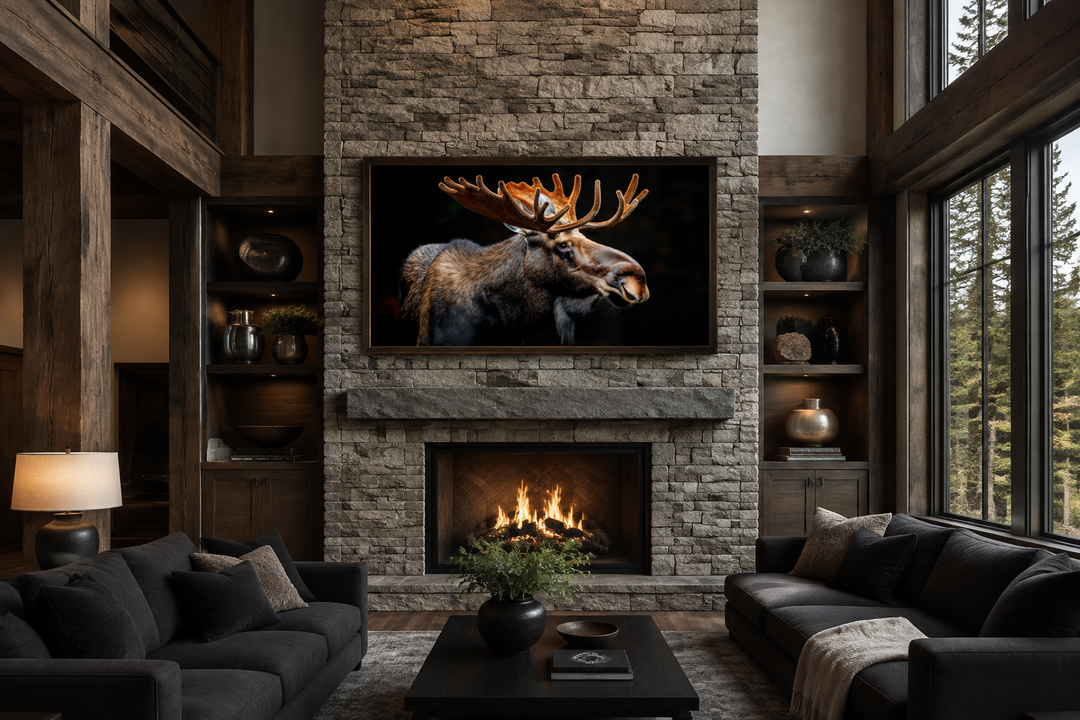 Extra large framed moose canvas art above a stone fireplace in a rustic cabin living room.