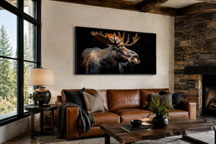 Extra large framed moose photography wall art above a brown leather sofa in a rustic cabin living room.