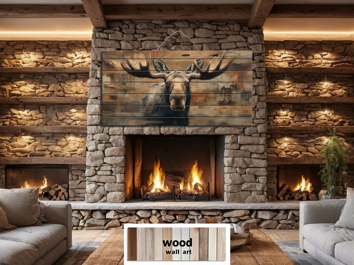 Large horizontal wood wall art featuring a realistic moose portrait on rustic wooden planks.