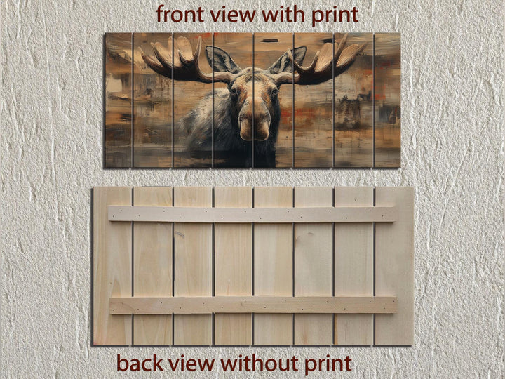 Moose portrait printed on horizontal wood planks, shown from the front and back.