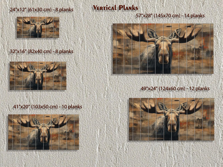 A rustic moose portrait printed on vertical wood planks, available in five different sizes.