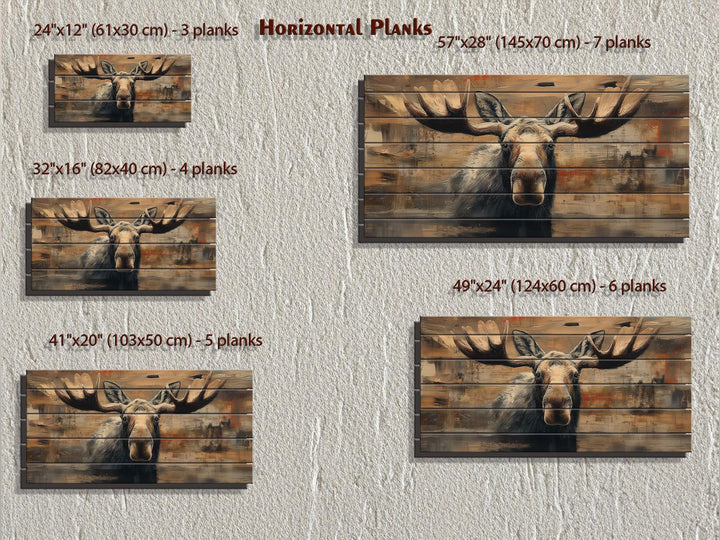 Moose portrait wood wall art in five horizontal plank sizes for cabin or hunting lodge decor.